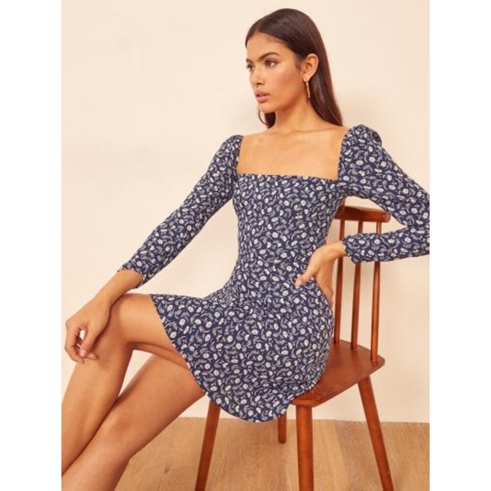 NWOT Reformation Sidecar Long Sleeve Ditsy Floral Mini Fit & Flare Dress Blue 2